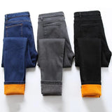 Women's Winter Warm Fleece Jeans Fashion High Elastic Waist Skinny Stretch Denim Pencil Pants Plus Size Female Buttons Trousers