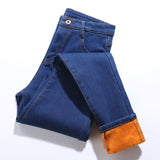 Women's Winter Warm Fleece Jeans Fashion High Elastic Waist Skinny Stretch Denim Pencil Pants Plus Size Female Buttons Trousers