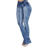CALOFE 2019 Women's Jeans Casual Slim Stretchy Denim  Waist Jeans Oversized Long Flare Pants Light Blue Trousers for Women
