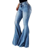 CALOFE 2019 Women's Jeans Casual Slim Stretchy Denim  Waist Jeans Oversized Long Flare Pants Light Blue Trousers for Women