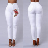 Jaycosin New Fashion Sexy Ladies Casual Skinny Floral Applique Jeans Woman Elastic High Waist Stretch Slim Pencil Trousers 10#10