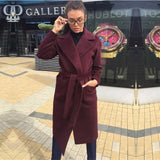 Elegant Long Women's coat lapel Two pockets belted Jackets solid color Loose coats Female Winter Wool Outerwear Mujer Manteau