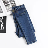 Blue stretch jeans tight skinny feet pencil pants 2019 Korean students high waist jeans women's trousers large size black 32