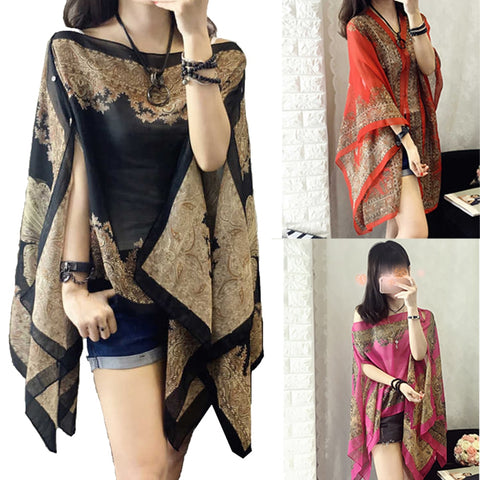 KLV Women's Summer Beach Outdoor Sunscreen Soft V-neck Chiffon Shirt Female Autumn Windproof Scarf Slash Neck Print Blouse Tops