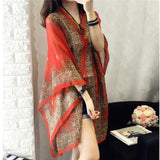 KLV Women's Summer Beach Outdoor Sunscreen Soft V-neck Chiffon Shirt Female Autumn Windproof Scarf Slash Neck Print Blouse Tops