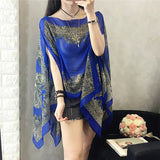 KLV Women's Summer Beach Outdoor Sunscreen Soft V-neck Chiffon Shirt Female Autumn Windproof Scarf Slash Neck Print Blouse Tops
