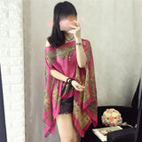 KLV Women's Summer Beach Outdoor Sunscreen Soft V-neck Chiffon Shirt Female Autumn Windproof Scarf Slash Neck Print Blouse Tops