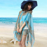KLV Women's Summer Beach Outdoor Sunscreen Soft V-neck Chiffon Shirt Female Autumn Windproof Scarf Slash Neck Print Blouse Tops