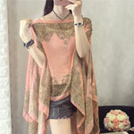 KLV Women's Summer Beach Outdoor Sunscreen Soft V-neck Chiffon Shirt Female Autumn Windproof Scarf Slash Neck Print Blouse Tops