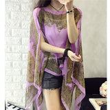 KLV Women's Summer Beach Outdoor Sunscreen Soft V-neck Chiffon Shirt Female Autumn Windproof Scarf Slash Neck Print Blouse Tops