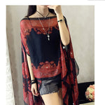 KLV Women's Summer Beach Outdoor Sunscreen Soft V-neck Chiffon Shirt Female Autumn Windproof Scarf Slash Neck Print Blouse Tops