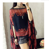 KLV Women's Summer Beach Outdoor Sunscreen Soft V-neck Chiffon Shirt Female Autumn Windproof Scarf Slash Neck Print Blouse Tops