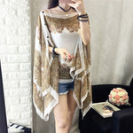 KLV Women's Summer Beach Outdoor Sunscreen Soft V-neck Chiffon Shirt Female Autumn Windproof Scarf Slash Neck Print Blouse Tops