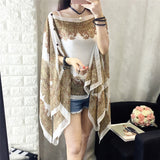 KLV Women's Summer Beach Outdoor Sunscreen Soft V-neck Chiffon Shirt Female Autumn Windproof Scarf Slash Neck Print Blouse Tops