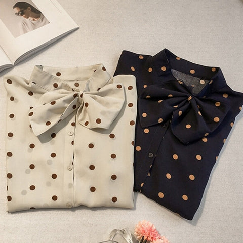E Fashion Women Blouse Long Sleeve Dot Print Bow Tie Chiffon Blusas womens tops and blouses Female clothes harajuku M-3XL