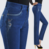 Middle-aged women's high waist elastic straight denim pants large size elegant mother casual jeans trousers r1321