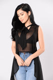 Sexy Summer Women's See through Tops Shirt Solid Black Burgundy Bowknot Mesh Sheer Sleeveless Irregular Blouse Shirts