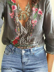 New Hot Sale Large Size Boho Women's Floral Embroidery Summer Top Blouses Long Sleeve Beach Loose Blouse Tops Shirts Clothes