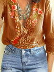 New Hot Sale Large Size Boho Women's Floral Embroidery Summer Top Blouses Long Sleeve Beach Loose Blouse Tops Shirts Clothes