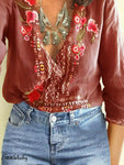 New Hot Sale Large Size Boho Women's Floral Embroidery Summer Top Blouses Long Sleeve Beach Loose Blouse Tops Shirts Clothes