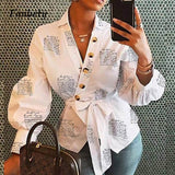 Fanbety Women's letters Blouse Shirt Lantern Long Sleeve Blouses Office Lady Autumn winter sexy v neck button Tops belt Blusa