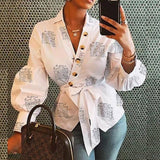 Fanbety Women's letters Blouse Shirt Lantern Long Sleeve Blouses Office Lady Autumn winter sexy v neck button Tops belt Blusa