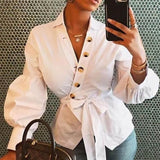 Fanbety Women's letters Blouse Shirt Lantern Long Sleeve Blouses Office Lady Autumn winter sexy v neck button Tops belt Blusa