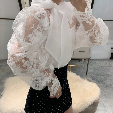 HIGH QUALITY New Fashion 2019 Designer Blouse Women's Lantern Sleeve Bow Collar Lace Blouse Top