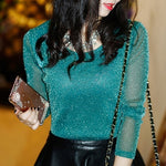 2019 Spring Summer Women's Sexy See Through Mesh Blouse Long Sleeve Transparent Shining Elegant Shirt Fashion Women Tops