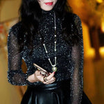 2019 Spring Summer Women's Sexy See Through Mesh Blouse Long Sleeve Transparent Shining Elegant Shirt Fashion Women Tops