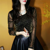 2019 Spring Summer Women's Sexy See Through Mesh Blouse Long Sleeve Transparent Shining Elegant Shirt Fashion Women Tops
