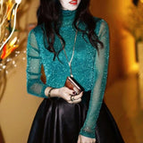 2019 Spring Summer Women's Sexy See Through Mesh Blouse Long Sleeve Transparent Shining Elegant Shirt Fashion Women Tops