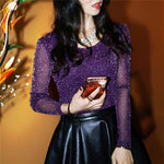 2019 Spring Summer Women's Sexy See Through Mesh Blouse Long Sleeve Transparent Shining Elegant Shirt Fashion Women Tops