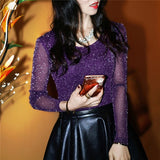 2019 Spring Summer Women's Sexy See Through Mesh Blouse Long Sleeve Transparent Shining Elegant Shirt Fashion Women Tops