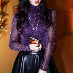 2019 Spring Summer Women's Sexy See Through Mesh Blouse Long Sleeve Transparent Shining Elegant Shirt Fashion Women Tops