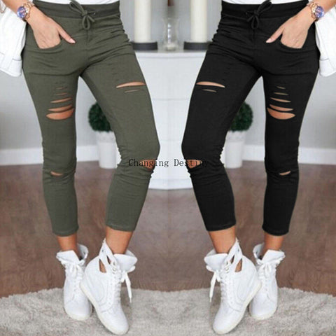S-4XL Women New Cotton Pencil Pants Wild Leisure Trousers Women's Clothing Hole In Europe and America Popular Jeans