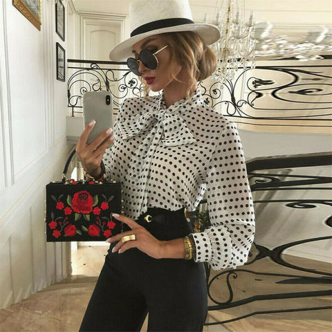 Goocheer French Style Women See-through Retro Grace Elegant Office Lady Long Sleeve Bandage Tops Sheer Mesh Polka Dot Blouse