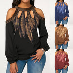 Hot Fashion Plus Size Feather Print Women Cold Shoulder Long Sleeve Blouse Chiffon Shirt Round Neck Chiffon Women's Blouse S-5XL