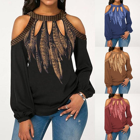 Hot Fashion Plus Size Feather Print Women Cold Shoulder Long Sleeve Blouse Chiffon Shirt Round Neck Chiffon Women's Blouse S-5XL