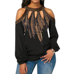 Hot Fashion Plus Size Feather Print Women Cold Shoulder Long Sleeve Blouse Chiffon Shirt Round Neck Chiffon Women's Blouse S-5XL