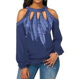 Hot Fashion Plus Size Feather Print Women Cold Shoulder Long Sleeve Blouse Chiffon Shirt Round Neck Chiffon Women's Blouse S-5XL