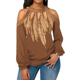 Hot Fashion Plus Size Feather Print Women Cold Shoulder Long Sleeve Blouse Chiffon Shirt Round Neck Chiffon Women's Blouse S-5XL