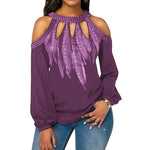 Hot Fashion Plus Size Feather Print Women Cold Shoulder Long Sleeve Blouse Chiffon Shirt Round Neck Chiffon Women's Blouse S-5XL