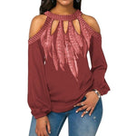 Hot Fashion Plus Size Feather Print Women Cold Shoulder Long Sleeve Blouse Chiffon Shirt Round Neck Chiffon Women's Blouse S-5XL