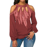 Hot Fashion Plus Size Feather Print Women Cold Shoulder Long Sleeve Blouse Chiffon Shirt Round Neck Chiffon Women's Blouse S-5XL