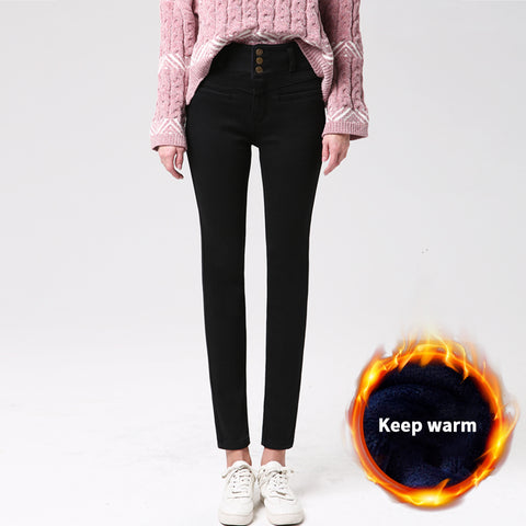 OKUOHAO Three Buckle Models 2019 Winter New Black Plus Velvet Jeans Women's High Waist Thick Cotton Pants Thin Pencil Pants