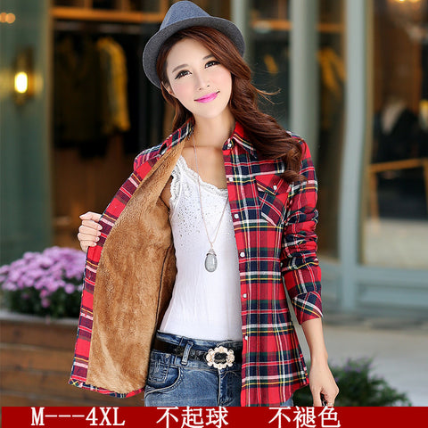 long sleeve plaid  flannel shirt women Plus size Autumn Winter Warm Thick plus Velvet Cotton Blouse women's Oversize blusas tops