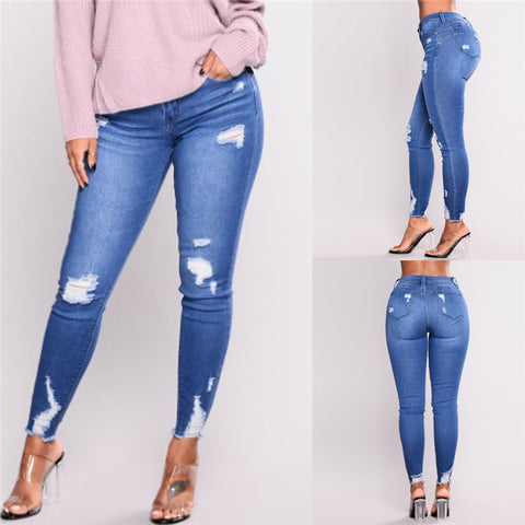 New Women Jean 2019 Blue Jeans Women's High Waist With Holes In Elasticity And Small Feet Casual Pure Color Jeans For Ladies ZD