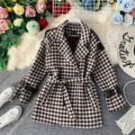Autumn Winter Wool Coat Women's Thick Woolen Overcoat with Slender Lapel Belt Waist Woolen Plaid Coat Ladies Manteau Femme