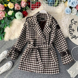 Autumn Winter Wool Coat Women's Thick Woolen Overcoat with Slender Lapel Belt Waist Woolen Plaid Coat Ladies Manteau Femme
